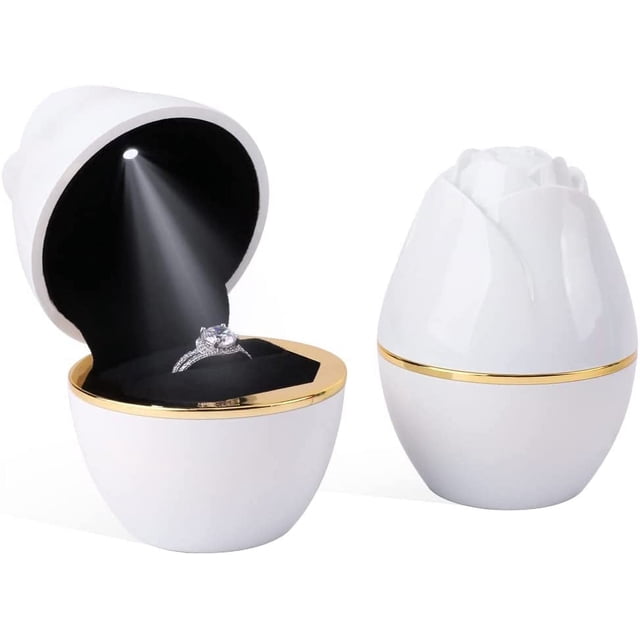Caja para anillos de compromiso con forma de rosa, con luz LED, joyero para propuesta de matrimonio (blanca)