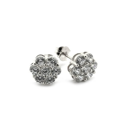 - 14k Yellow or White Gold Cubic Zirconia Cluster Flower Stud Earrings