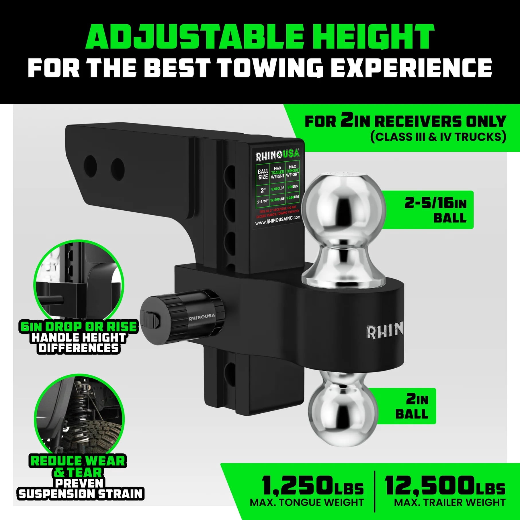 Rhino USA Heavy Duty 6" Adjustable Drop Hitch, Fits 2" Receiver, Dual Ball 2" & 2-5/16", Aluminum