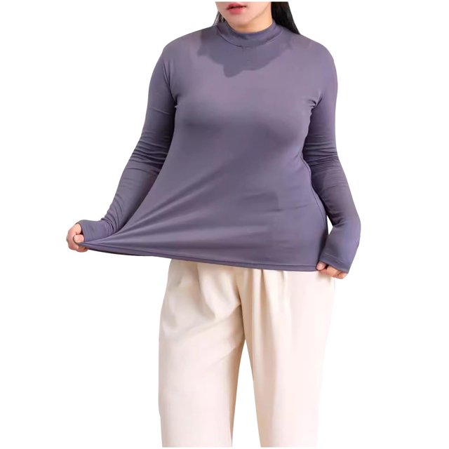 T-Shirt à Manches Longues Col Semi-Haut Grande Taille pour Femmes, Couche de Base en Modal, Blouse Ample Confortable et Extensible, Tenue Décontractée d'Hiver Chaude
