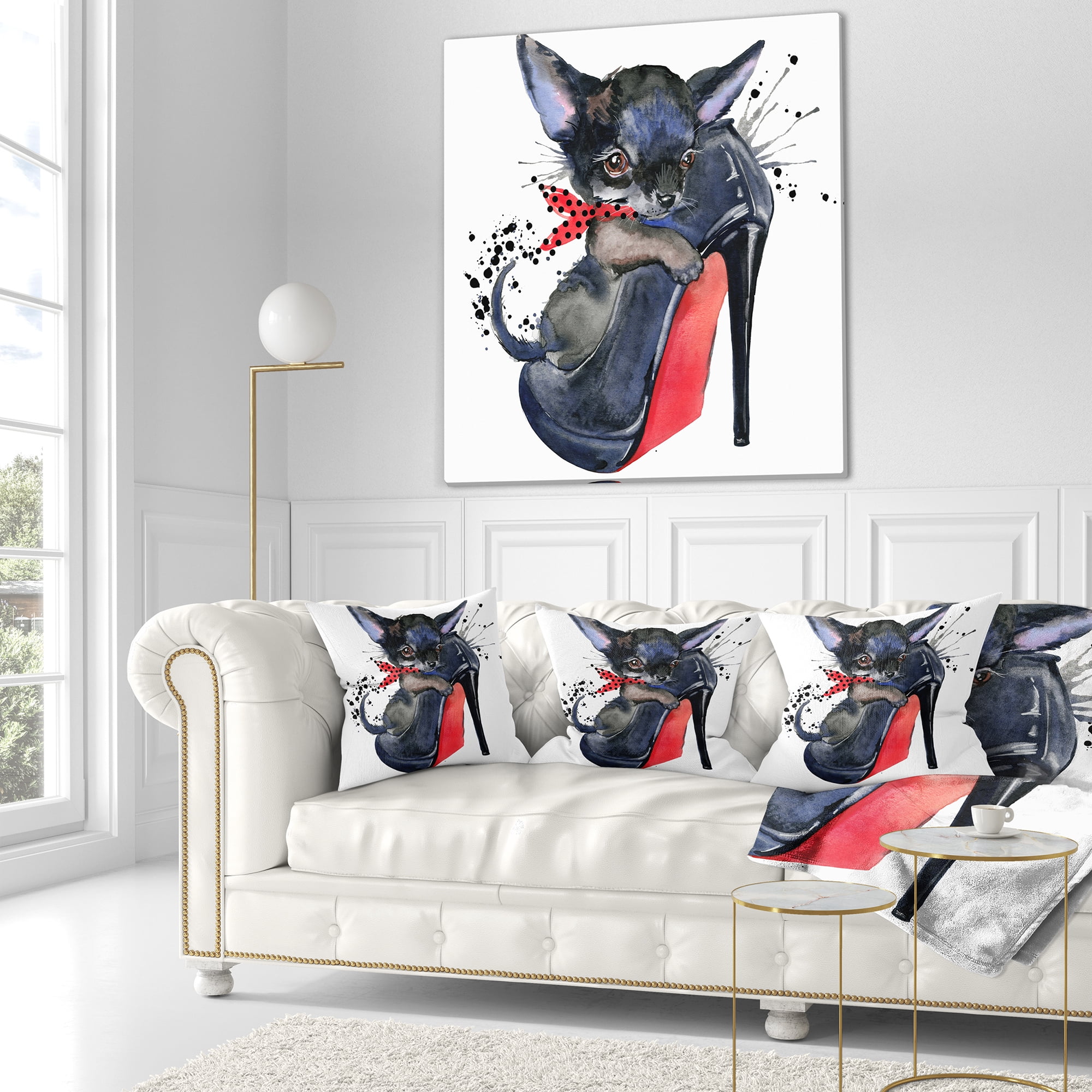 Designart Cute Dog over Large Heeled Shoe - Animal Throw Pillow - 18x18