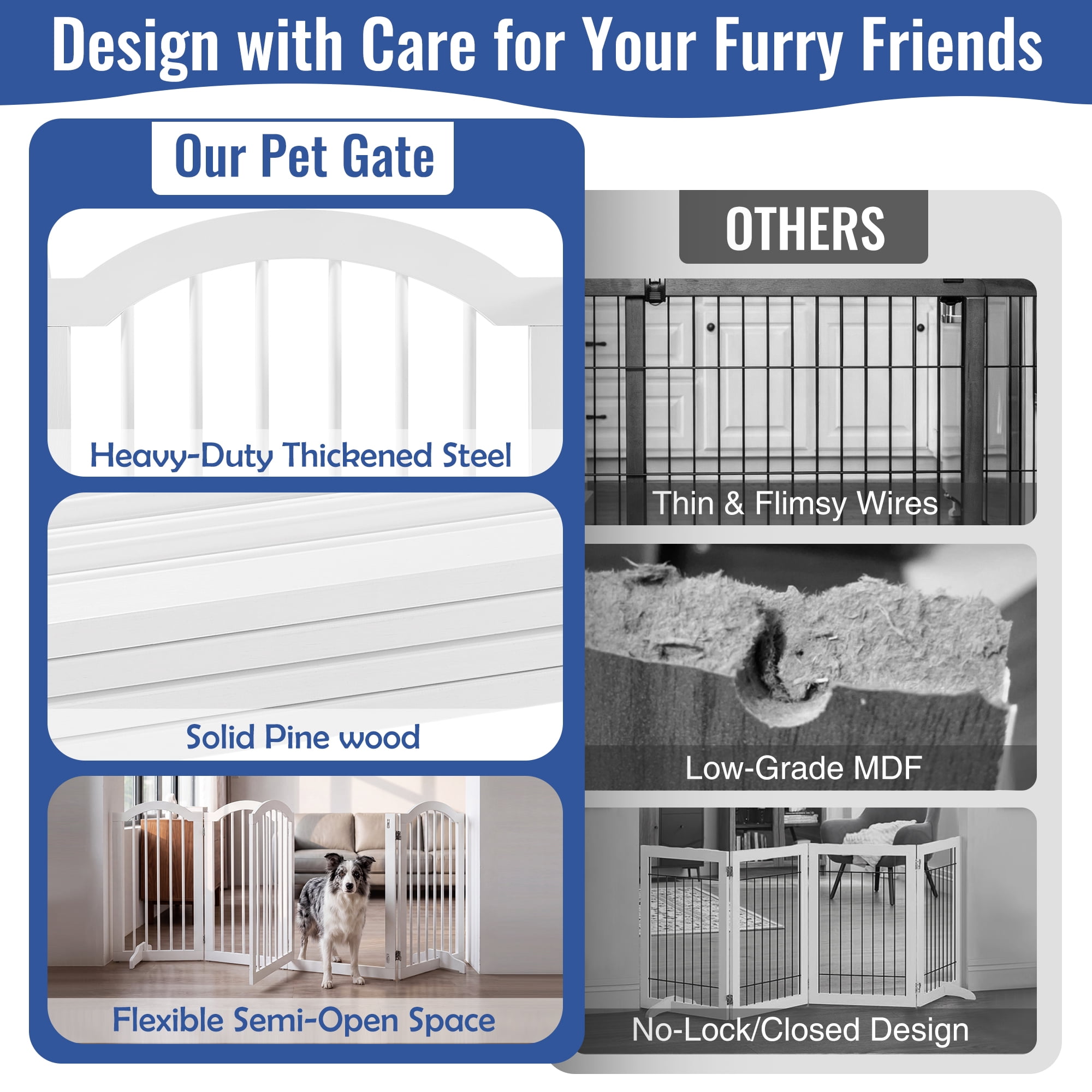 TrumanPick 30" H Extra Tall Dog Gates for Doorways, 4-Panel Foldable Pet Gate, 2 Support Feet Dog Fence for Stairs 95"L, White