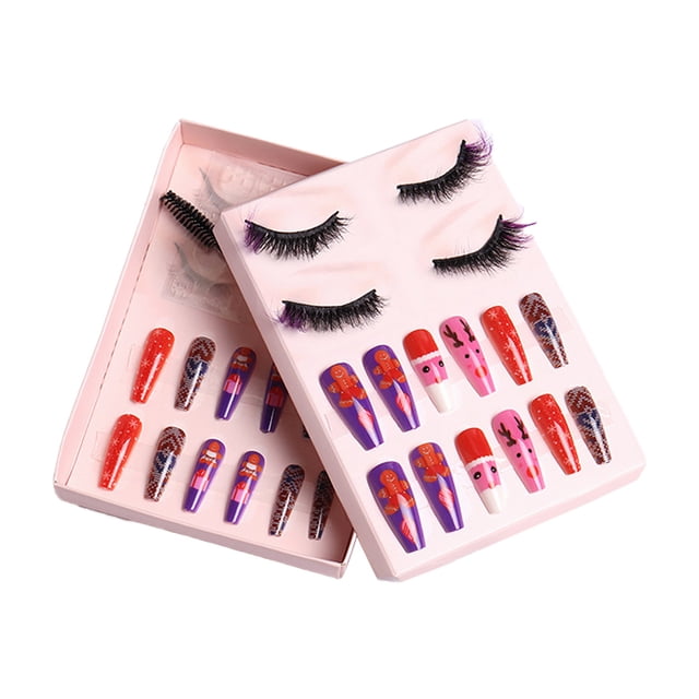 Uñas postizas navideñas con forma de ataúd, uñas postizas para mujer, 24 piezas, con pestañas postizas