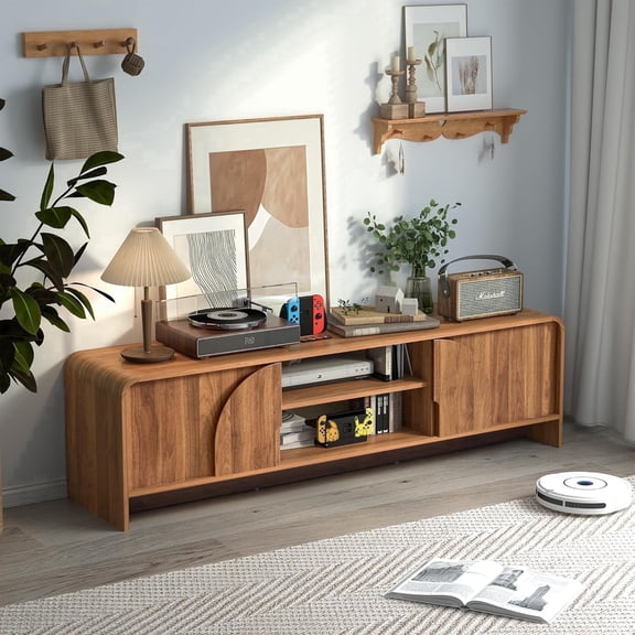 LEFHDA 63'' TV Stand for Up to 75" TVs, Mid Century Modern Entertainment Center with Big Arched Handles & Sliding Doors, Fluted Media Console Table with Storage for Living Room (Walnut)