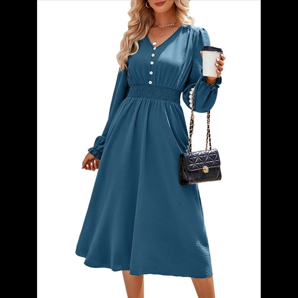 Vestido Mini de Larga con Escote en V para Mujer, Corte A, Cintura Alta, Informal, Fluido, Ideal para Invitadas A Cócteles y Bodas. Azul Neblina M