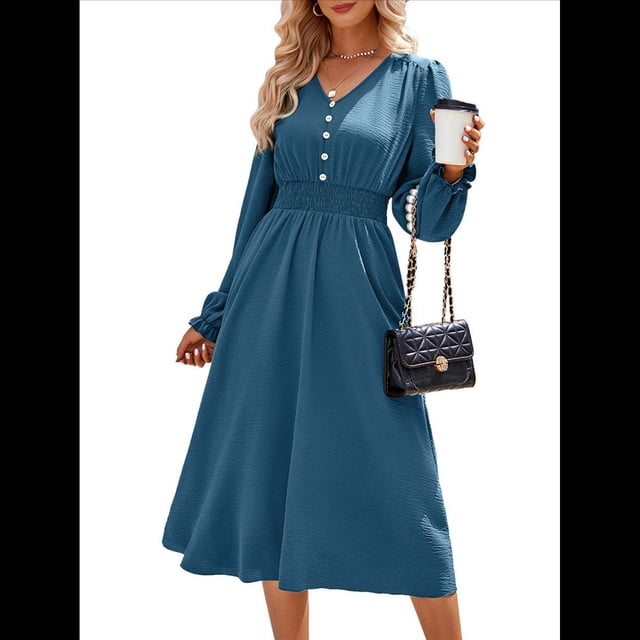 Vestido Mini de Larga con Escote en V para Mujer, Corte A, Cintura Alta, Informal, Fluido, Ideal para Invitadas A Cócteles y Bodas. Azul Neblina M