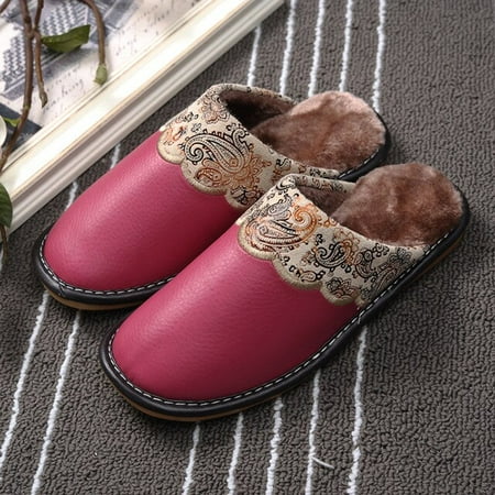 

CoCopeanut Winter Fur Women Home Slippers Large Size PU Leather Warm Plush Couples Bedroom Shoes Non-slip Men Furry Slippers Female Slides