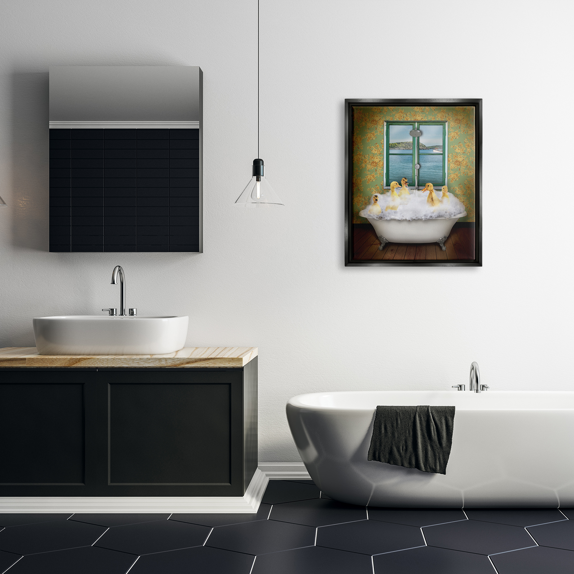Stupell Industries Ducks Bathing Tub Ocean View Animals Painting Black Floater Framed Canvas Art Print Wall Art, 25 x 31