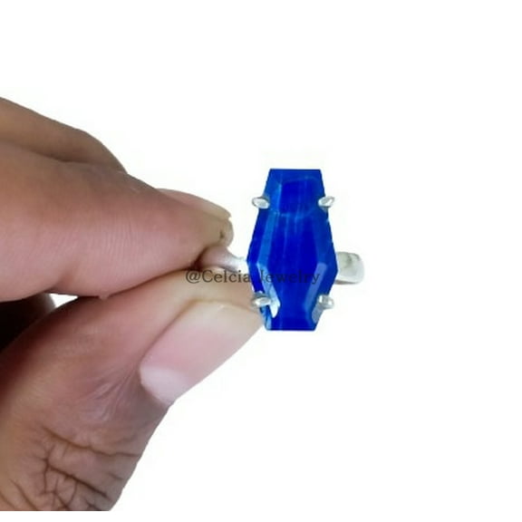 Genuine Blue Chalcedony Gemstone Coffin Ring, Solid 925 Sterling Silver, Victorian Ring, Attractive Jewelry For Women's, Daughter Gifts Ring, Unique Gifts For Women (Blue Chalcedony, Size 7)
