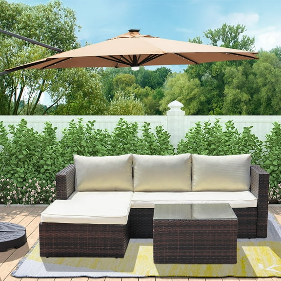 Abble 3 Piece Patio Furniture Set Outddor Wicker Sectional Conversation Sofa Set with Cushions - Brown