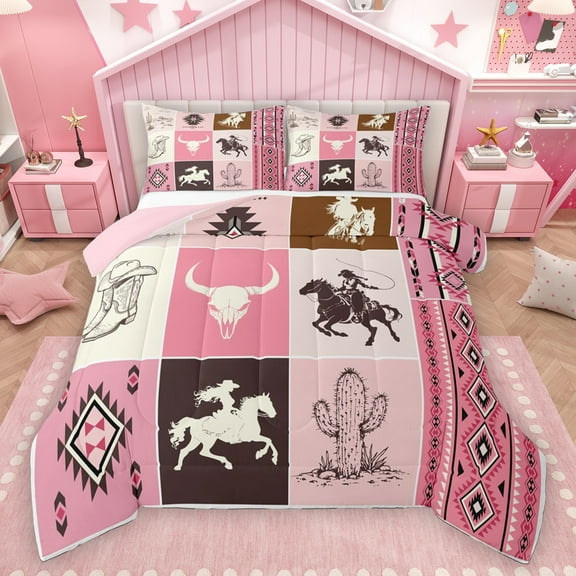 Homewish Rustic Horse Animal Bedding Comforter Set, Western Sheep Skeleton Twin Comforter Sets, Girly Pink Buffalo Plaid Reversible Bedding Set, Luxury Bedroom Decor, 2 Pieces