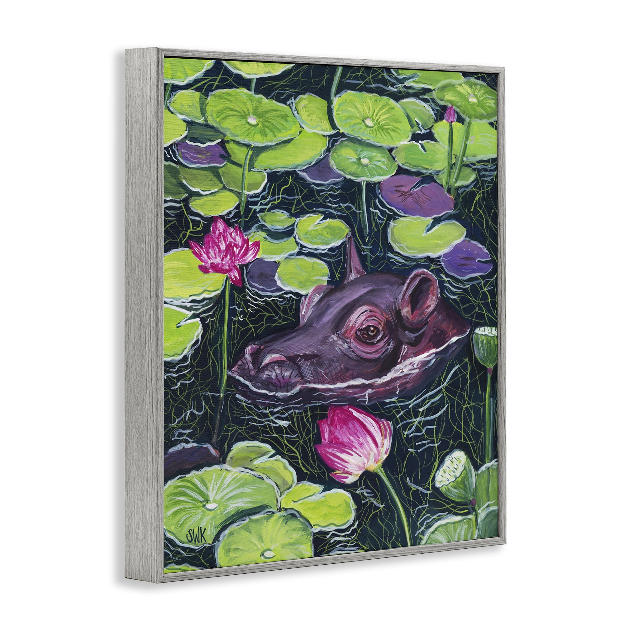 Stupell Industries Hippo & Blossoms Pond Gray Framed Giclee Art, design by Sarah Waldron Kimball