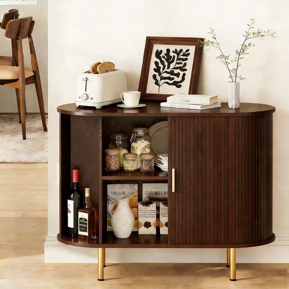 Aisword Sideboard Buffet Cabinet with Storage,Mid Century Modern Fluted Accent Coffee Bar Console Table,Tambour Sliding Doors& Adjustable Shelf for Kitchen, Living Room, Entryway, 40 Inch Dark Walnut