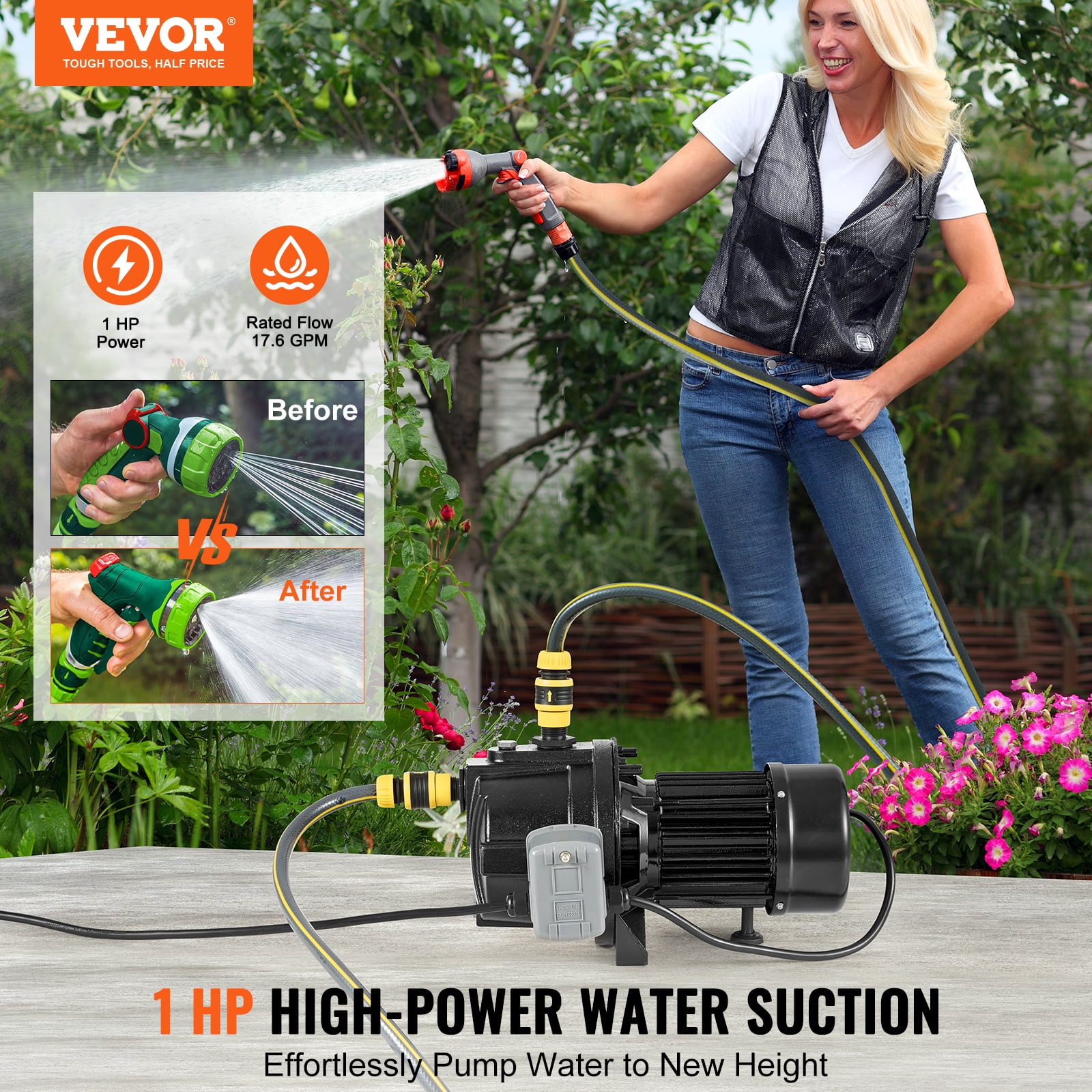 VEVOR 1HP Premium Cast Iron Shallow Well Jet Water Pump, 115 Volt, 17.6 GPM 164 FT Maximum Head Irrigation Water Pump, for Agricultural Garden Irrigation System
