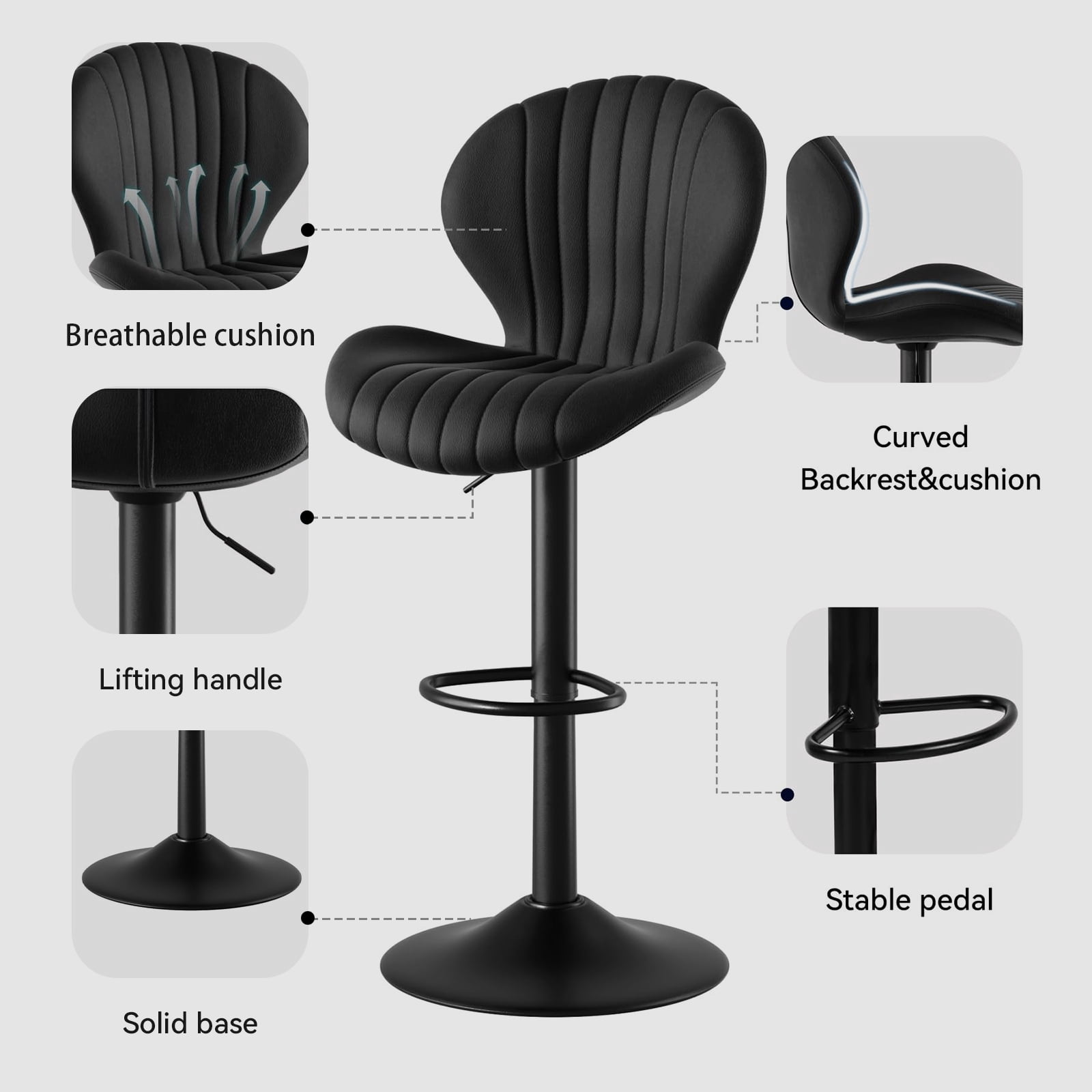 FLYSKY Bar Stools Set of 2 -Faux PU Leather Bar Chairs with Back, Adjustable Swivel Bar Stool, Black