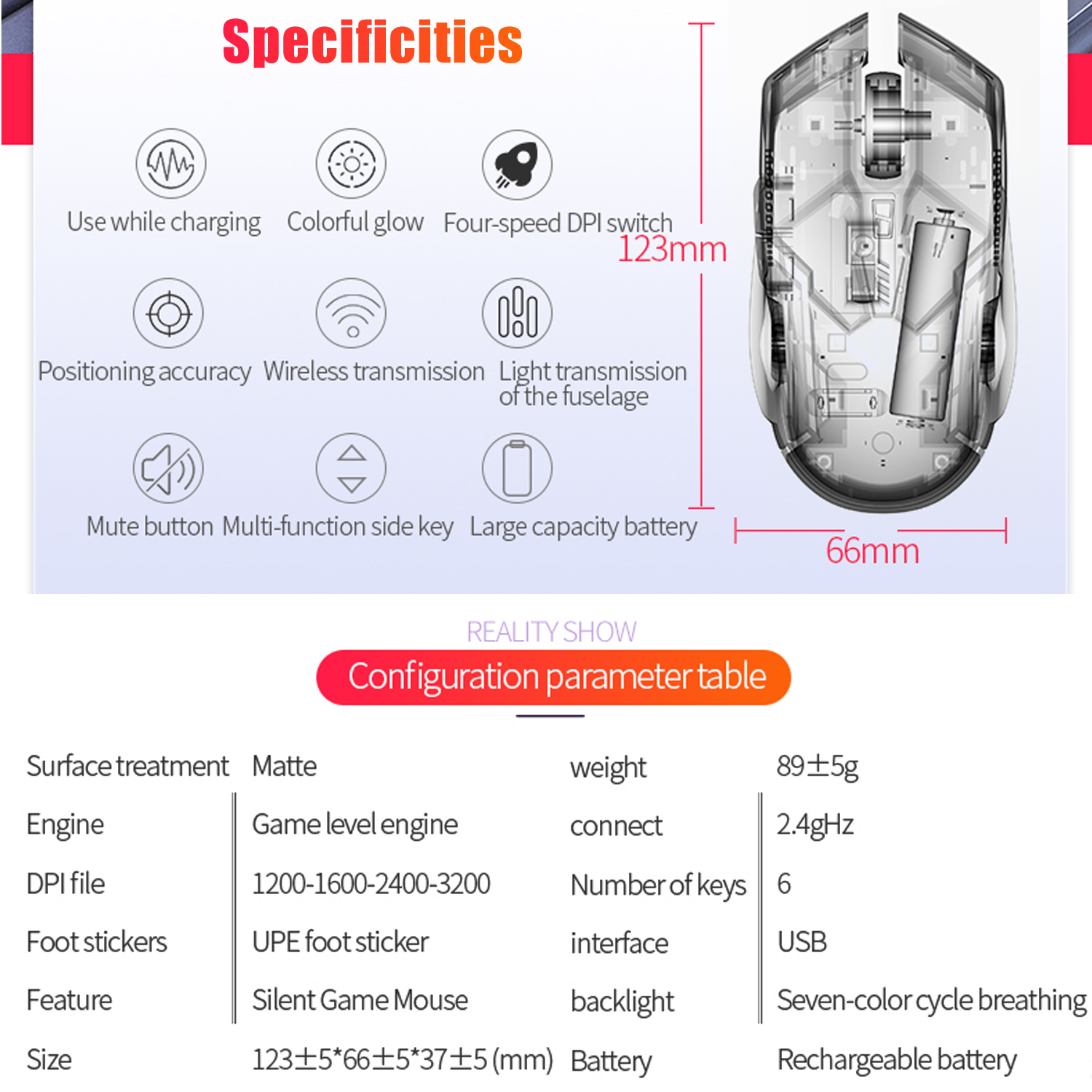 KOGYAS Wireless Gaming Mouse 7-Color LED Rechargeable photo 7