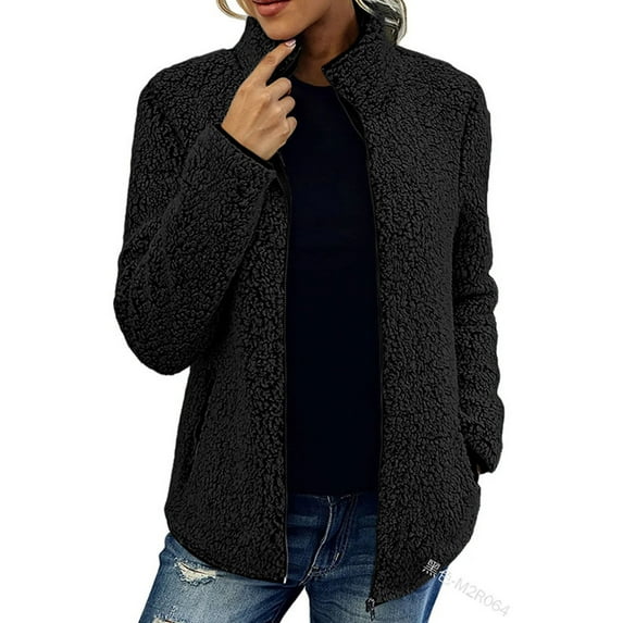 Frontwalk Women Casual Stand Collar Overcoats Solid Color Warm Fleece Jacket With Pockets Winter Outwear Black XL