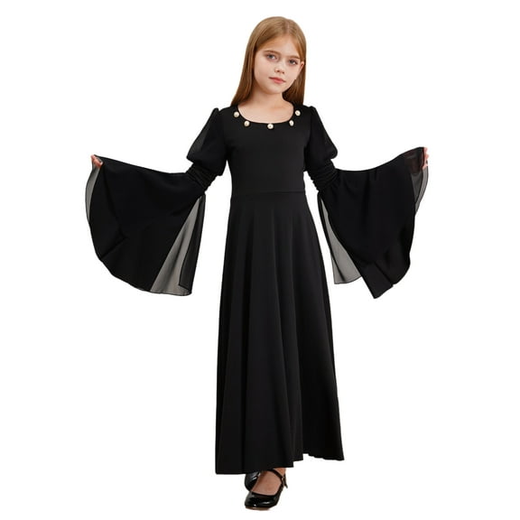 Yeahdor Kids Girls Renaissance Medieval Costume Long Bell Sleeves Fairy Dress Retro Princess Maxi Gown Black 6