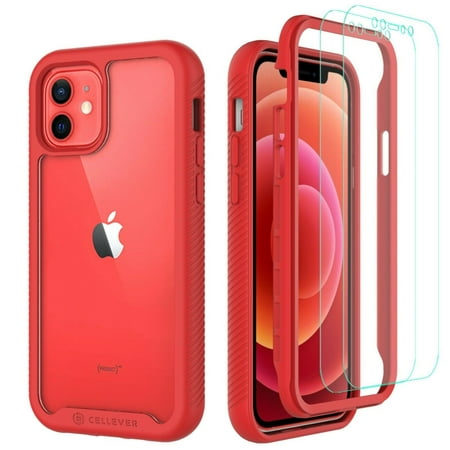 CellEver Compatible with iPhone 12 Case and iPhone 12 Pro Case, Clear Full Body Heavy Duty Protective Anti-Slip Transparent Cover (2X Glass Screen Protector Included) (6.1 inch, 2020) - Red