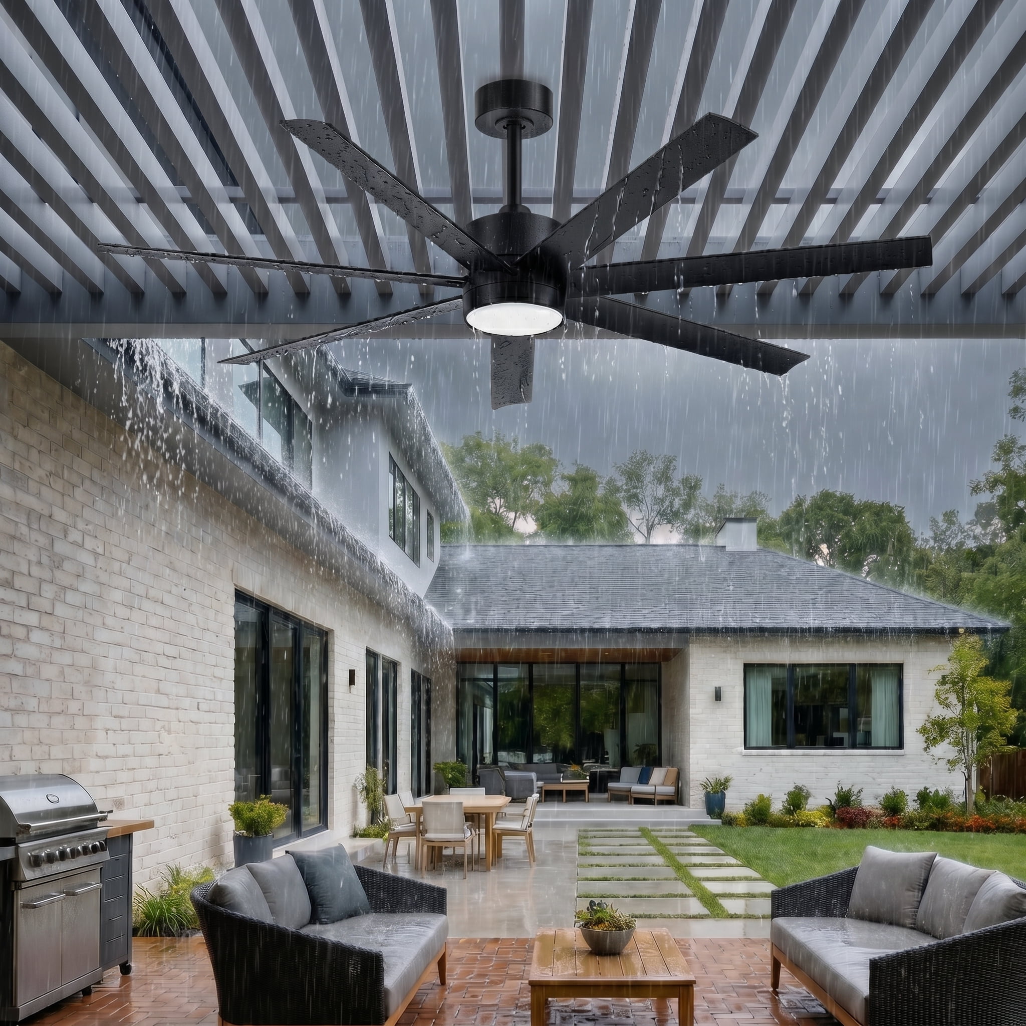 56" Outdoor Ceiling Fans for Patios Waterproof, All Weather UV Coating ABS 7 Blades Large Airflow Modern Black Wet Rated Fan for Exterior Outside Porch Gazebo Garage, 3CCT Dimmable Quiet DC Motor