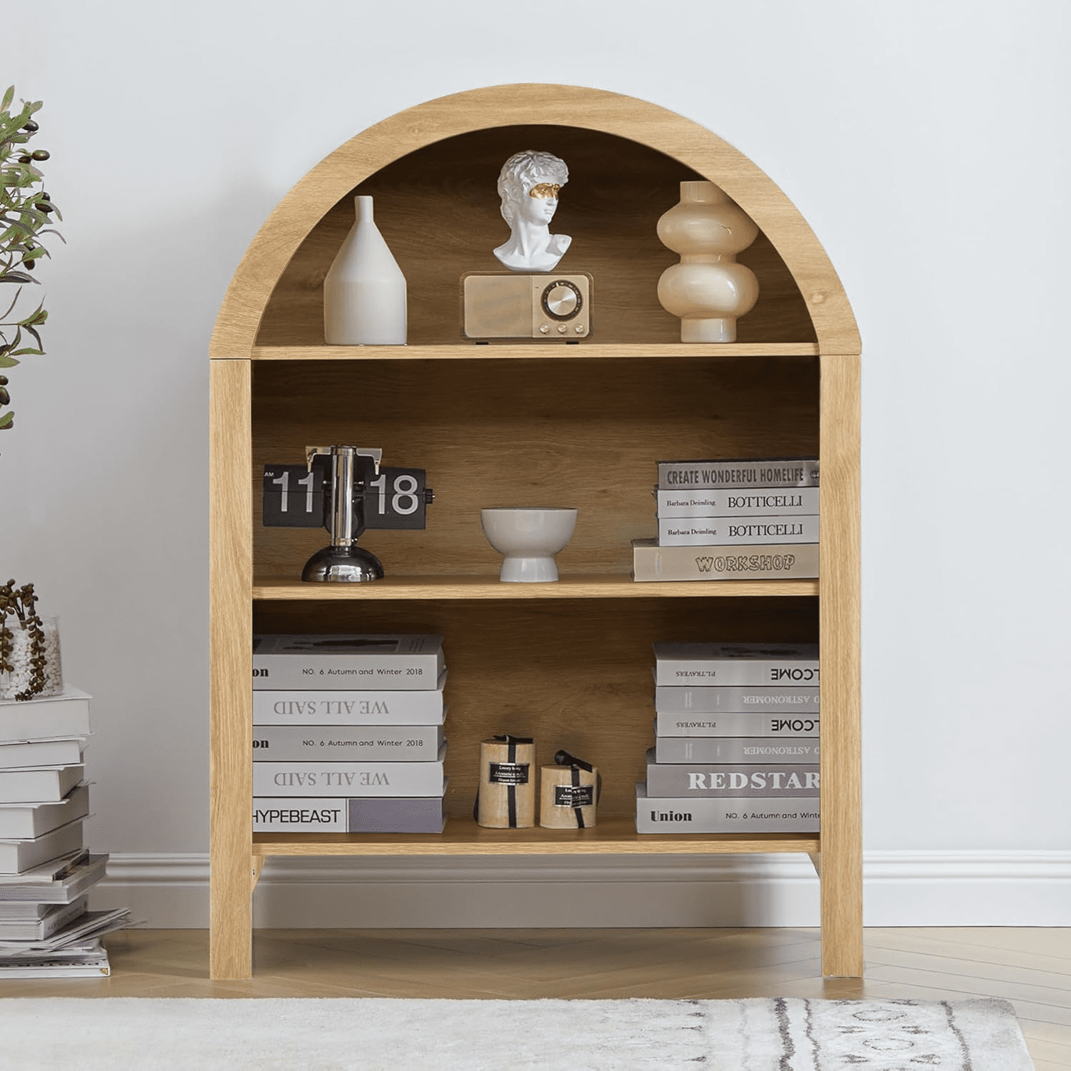 LEFHDA Small Kids Arched Bookshelf, Modern 3-Tier Open Bookshelf, Wood Freestanding Arched Bookcase with Adjustable Shelves, Covered Rounded Top Display Cabinet (Oak)