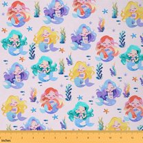 Homewish Colorful Cute Mermaid Fabric by the Yard 1 Yard,Cartoon Ocean Sealife Home Decor Fabric by the Yard,Starfish Coral Fish Sewing Fabric For Girls Kids,Super Cozy Room Decor