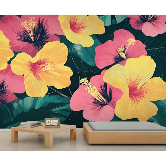 Tropical Hibiscus Mural - Pink Yellow Flower Wall Paintings, Modern Floral 3D Wall Mural For Living Room Bedroom, Hibiscus Murals 79"W x 55"H (Not Peel and Stick)