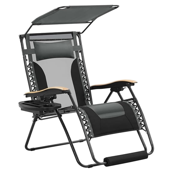 29in Chair, Adjustable Patio Padded Anti Gravity Recliner Foldable Outdoor Lounger with Cup Holder Tray, Canopy Shade and Headrest for Beach Camping Gray/Black/1