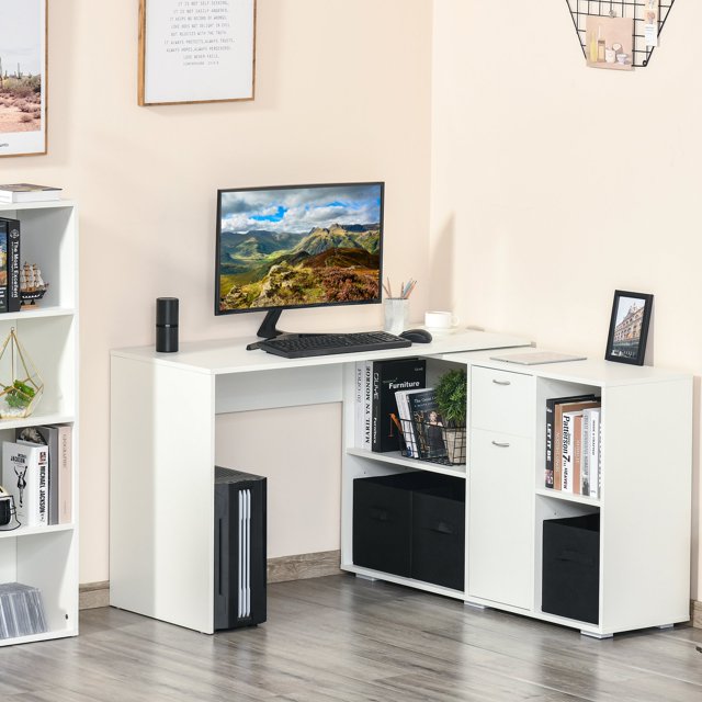 YYAO Convertible L-Shaped Computer Desk, Home Desk with Storage Shelf and Drawer Cabinet, White