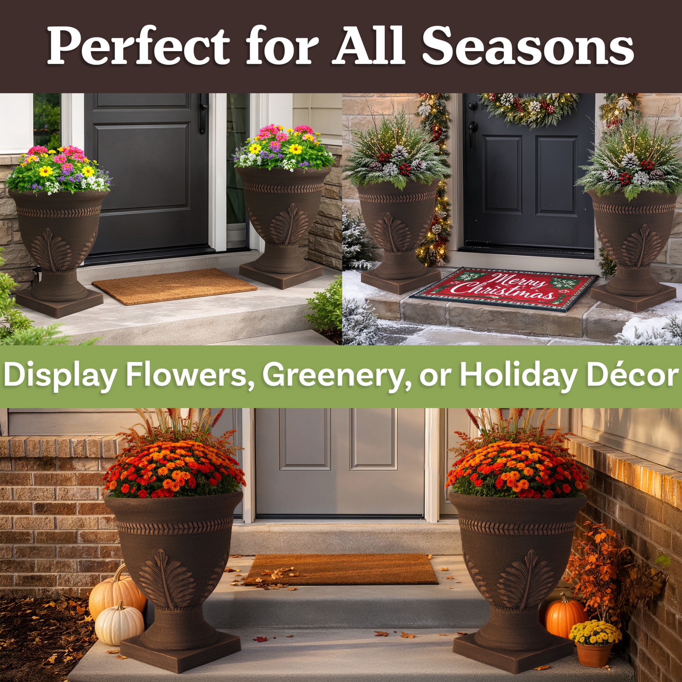 Pure Garden Outdoor Planter 2-Pack - 15.25x18.8in Large Plastic Urn Planters with Drainage, Bronze