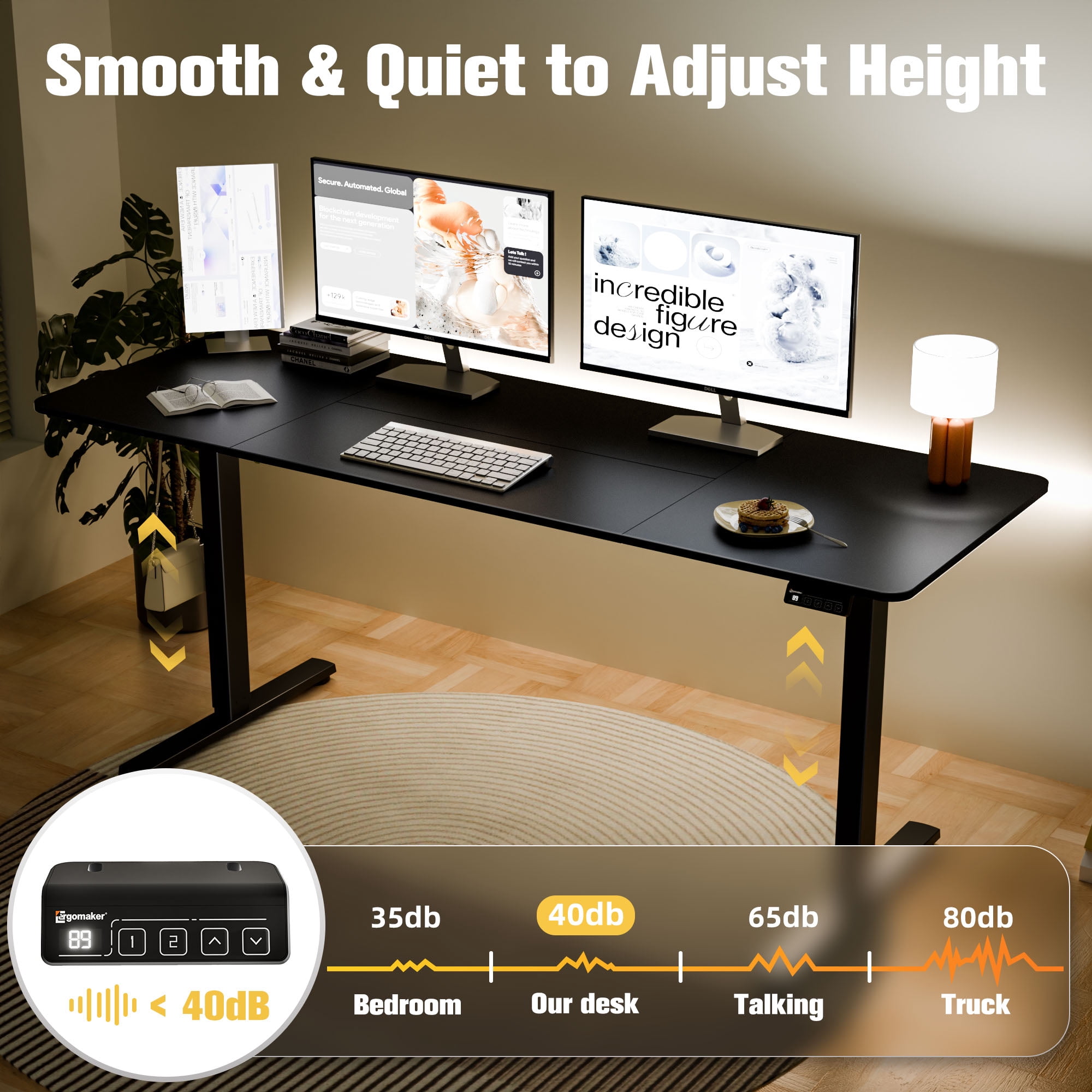 Ergomaker Electric Standing Desk，Height Adjustable Desk with Splice Board，Child Lock & Memory Function，68 x 23.6 inches，Black