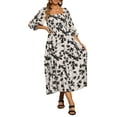 thumbnail image 2 of INSPIRE CHIC Women's Summer Floral Dresses Square Neck Short Sleeve A-Line Smocked Maxi Dress S Beige Black, 2 of 6