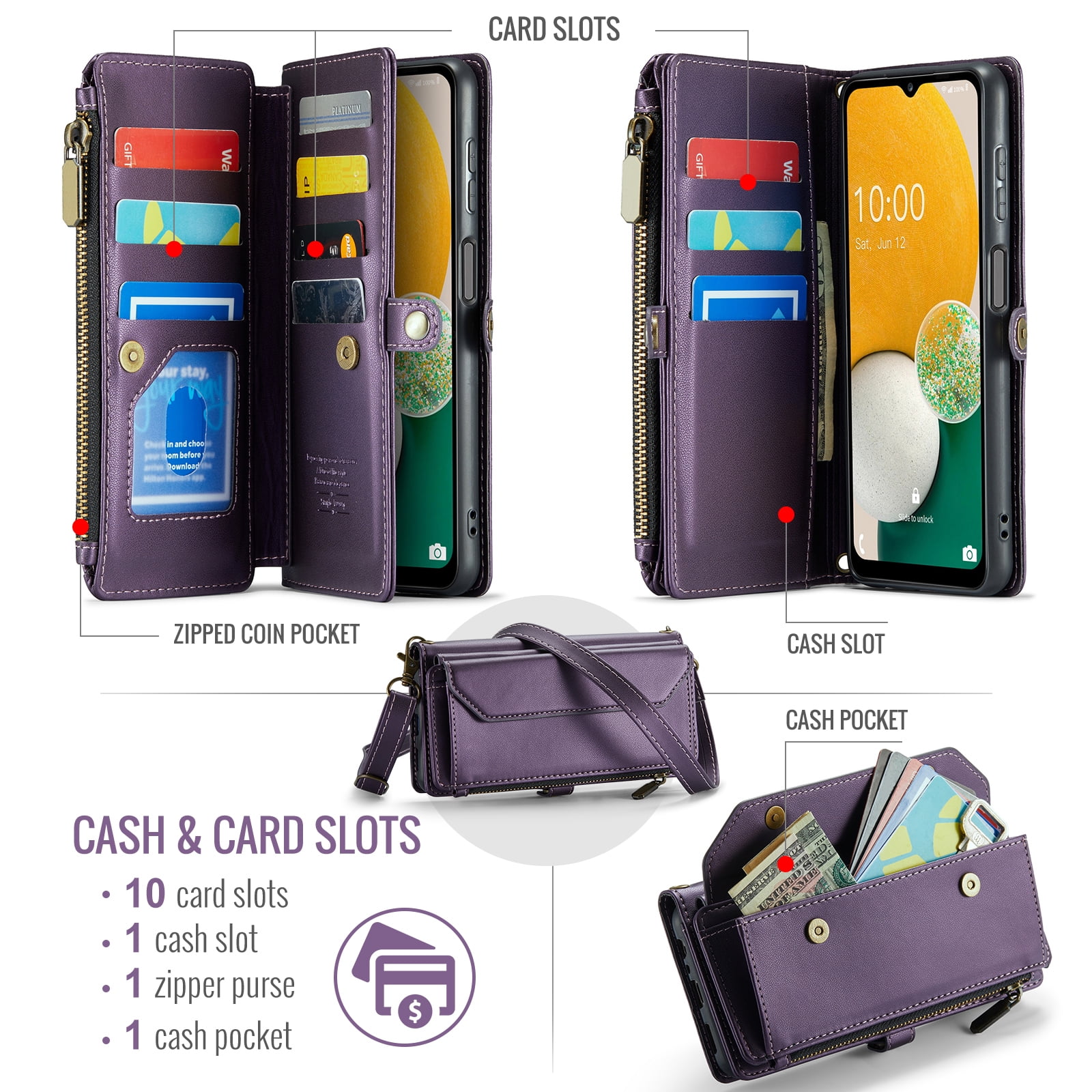 Compatible with Samsung Galaxy A13 5G Zipper Wallet Phone Case Tempered Glass Screen Protector Crossbody Lanyard Strap Flip Card Holder Slot Cell Cover for A04S M13 A 13 2022 13A A135G Women Purple