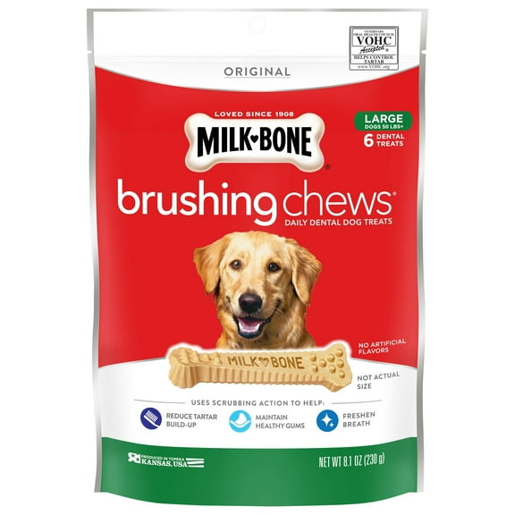 Milk-Bone Brushing Chews Daily Dental Dog Treats, Large, 8.1 Ounces, 6 Bones Per Bag (Pack of 5)