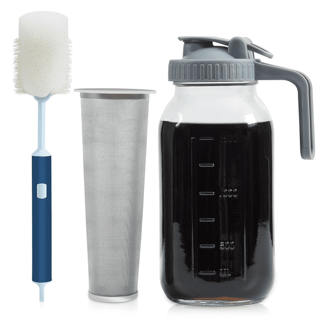 Cold Brew Coffee Maker Mason Jar 64Oz, Durable Thick Glass Cold Brew Pitcher Flip Cap Spout Lid with Handle
