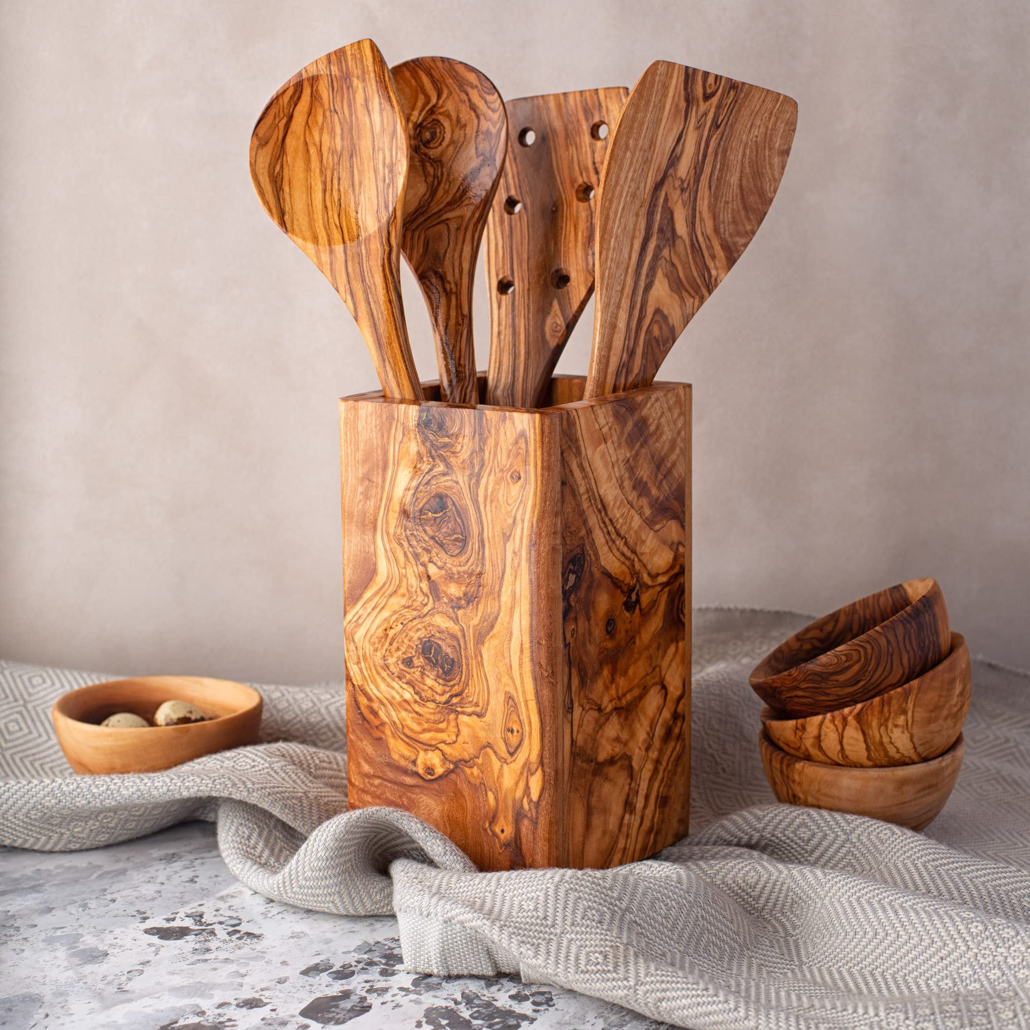 Hand Carved Utensil Holder and 6 Piece Kitchen Tool Set