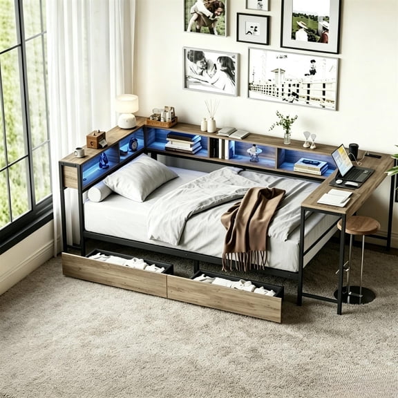 Jopath Twin Size Daybed Frame with Bookcase and 2 Underbed Storage Drawers, Metal & MDF, Modern Daybed ,Left and right interchangeable 96.9" x 46.9" x 31.5", Gray