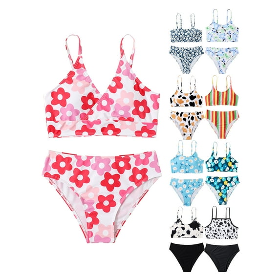 Xinhuaya 8-12T Girls 2Pcs Swimsuit Kids Bikini Swimwear Outfits Child Prining Tankini Bathing Suit Set