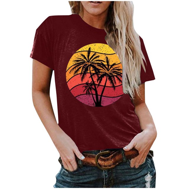 RKSTN T-Shirts Graphiques pour Femmes Col Rond Manches Courtes Blouse de Plage Hauts Aguichant Impression Régulière Chemises