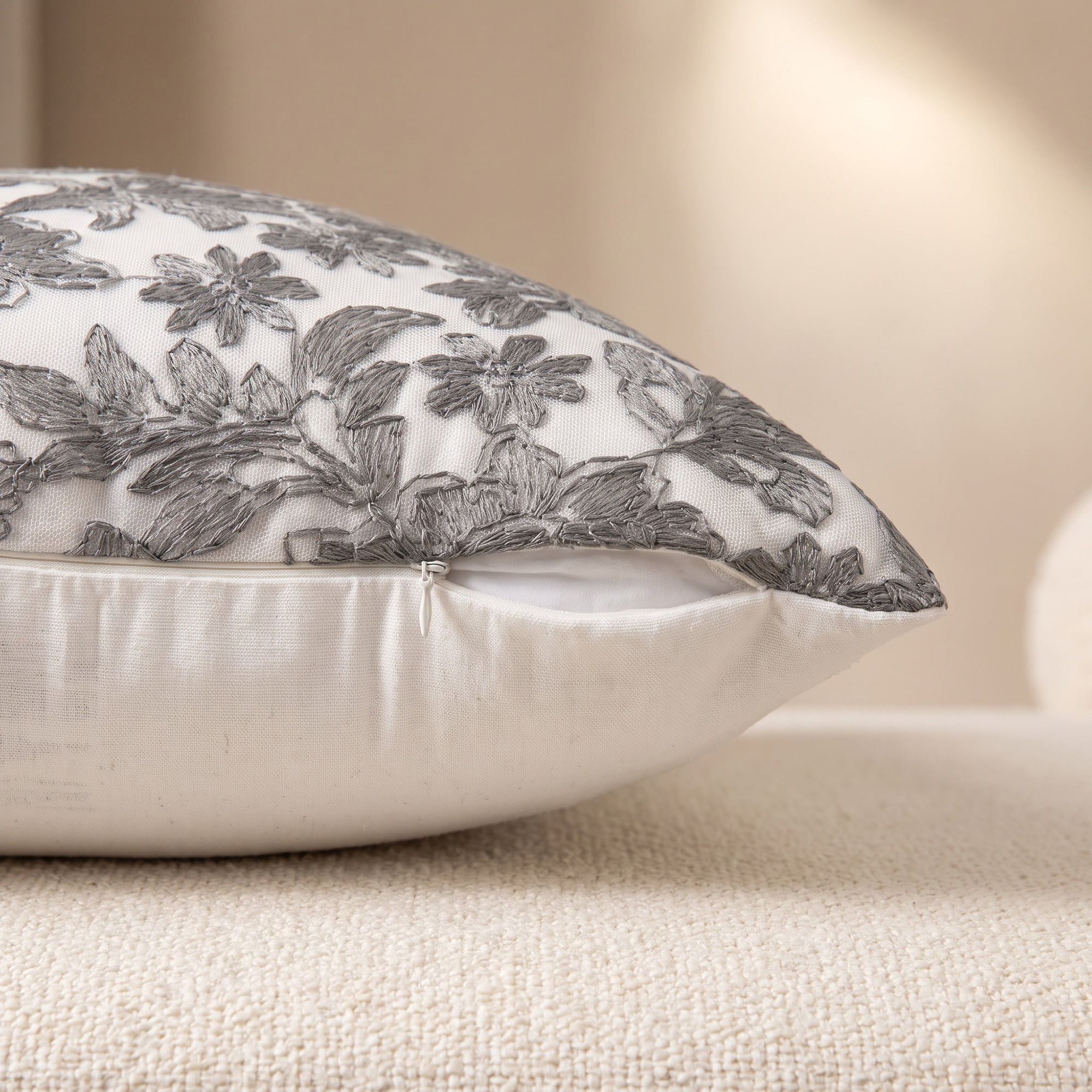 Unique Bargains Elegant Vintage Floral Throw Pom-Pom Pillow Covers Grey 18" x 18"
