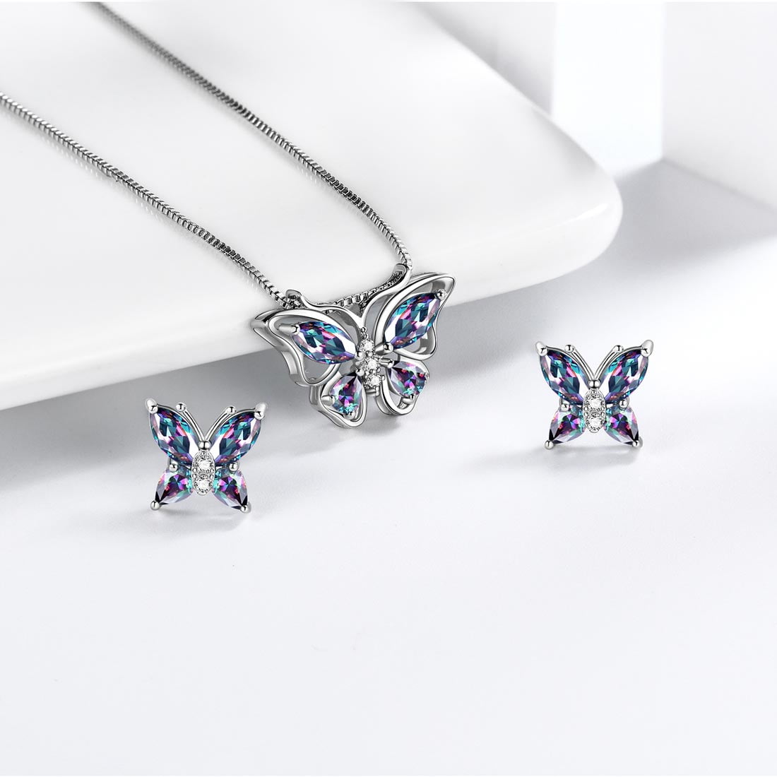 925 Sterling Silver Rainbow Mystic Topaz Butterfly Jewelry Set Fine Necklace Earrings Women Mother's Day Gift