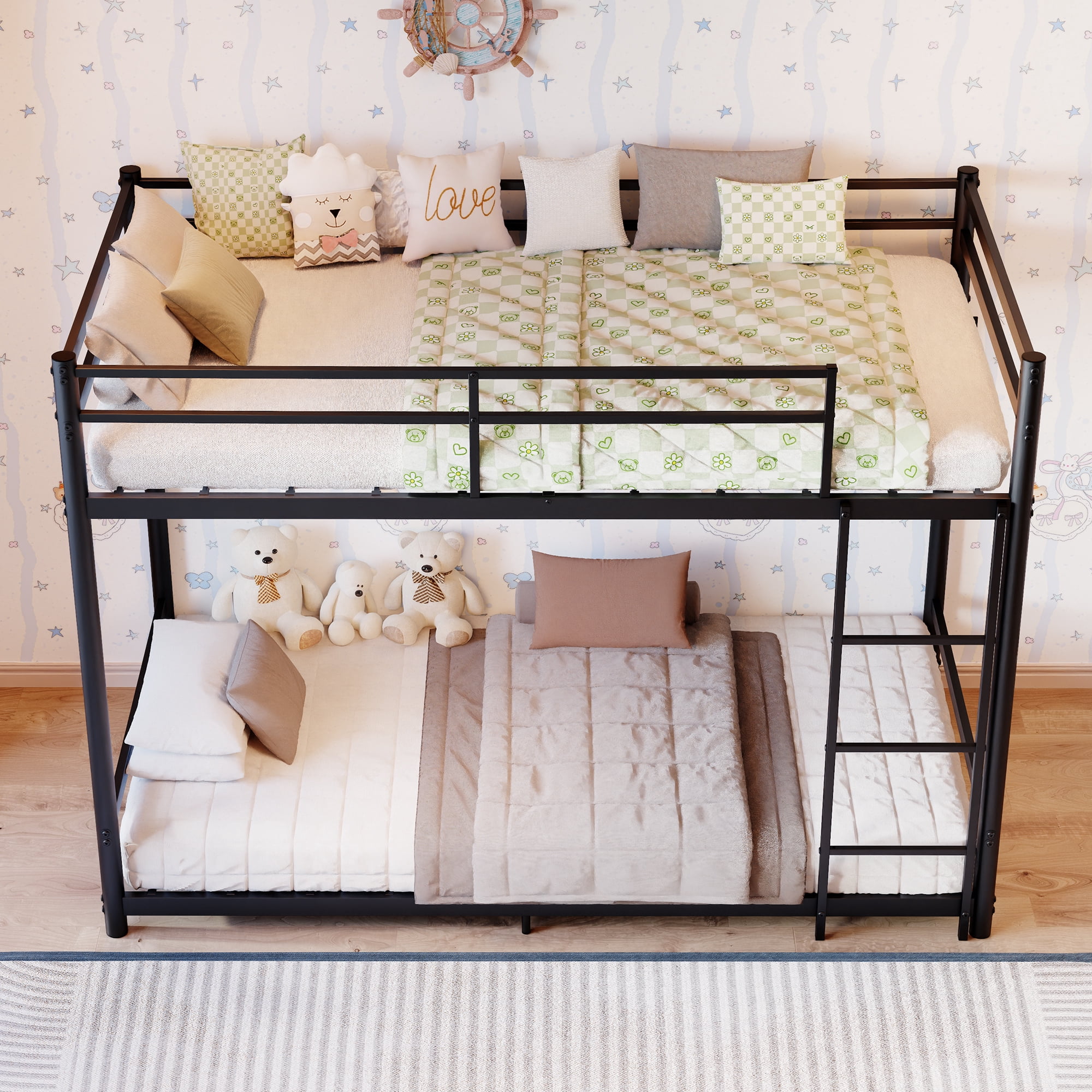 Leumius Bunk Bed Twin Over Twin, Metal Twin Size Bed Frame with Safety Guardraild for Boys Girls, Junior, Low Profile Space Saving Design,Black