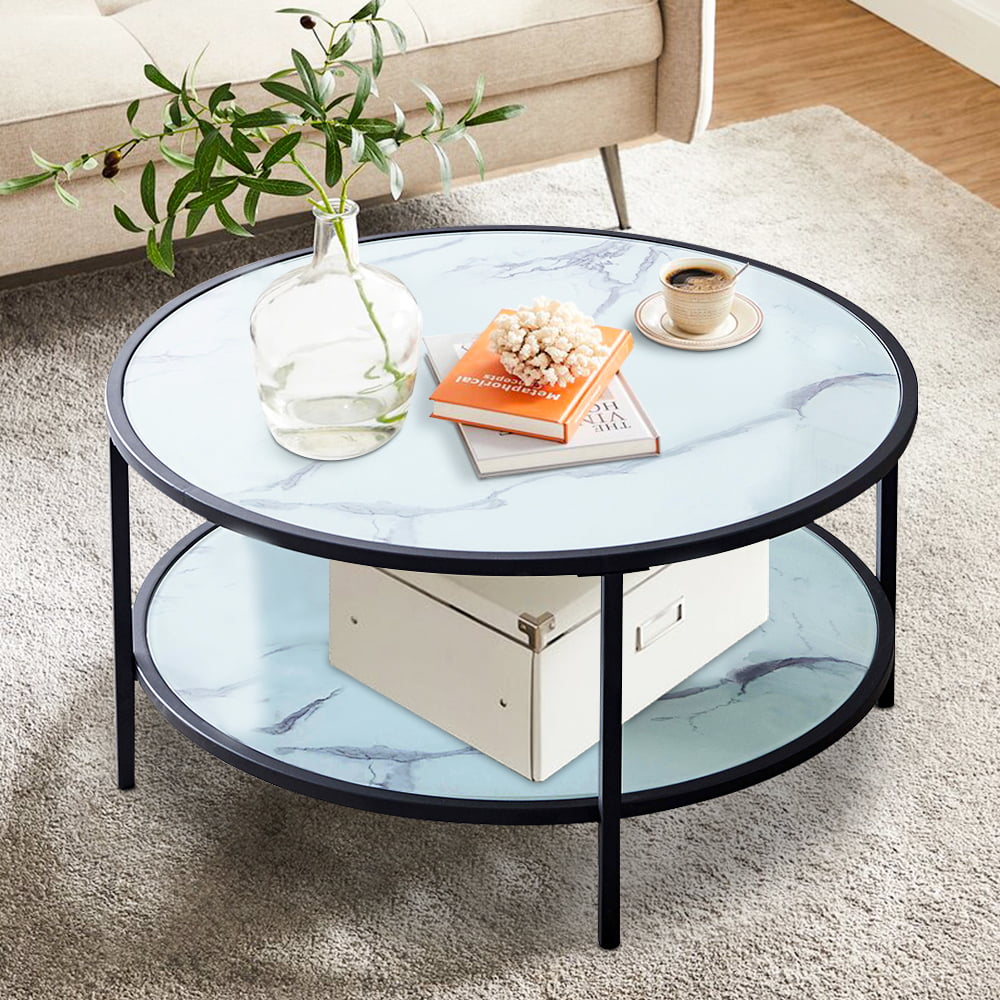 Round Accent End Table with Slate Stone Top & Metal Frame for Living Room Office Balcony B Modern Nesting Coffee Table Set of 2 Side Table for Bedroom