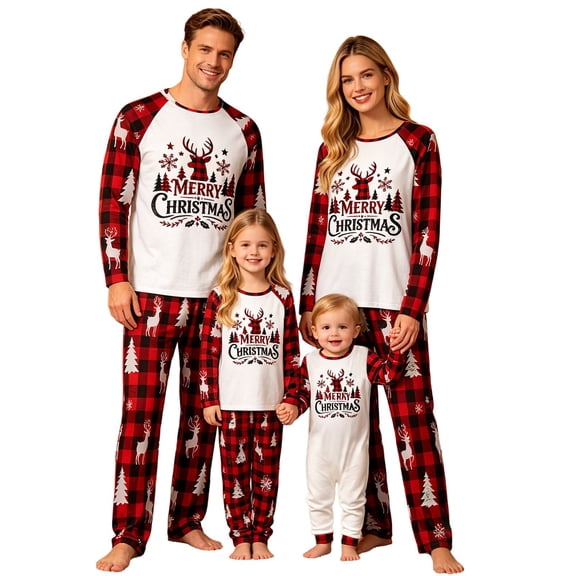 SUXIAN Family Matching Christmas Pajamas Crew Neck Long Sleeve Top Plaid Pants Soft Cozy Holiday Sleepwear Two Piece Set