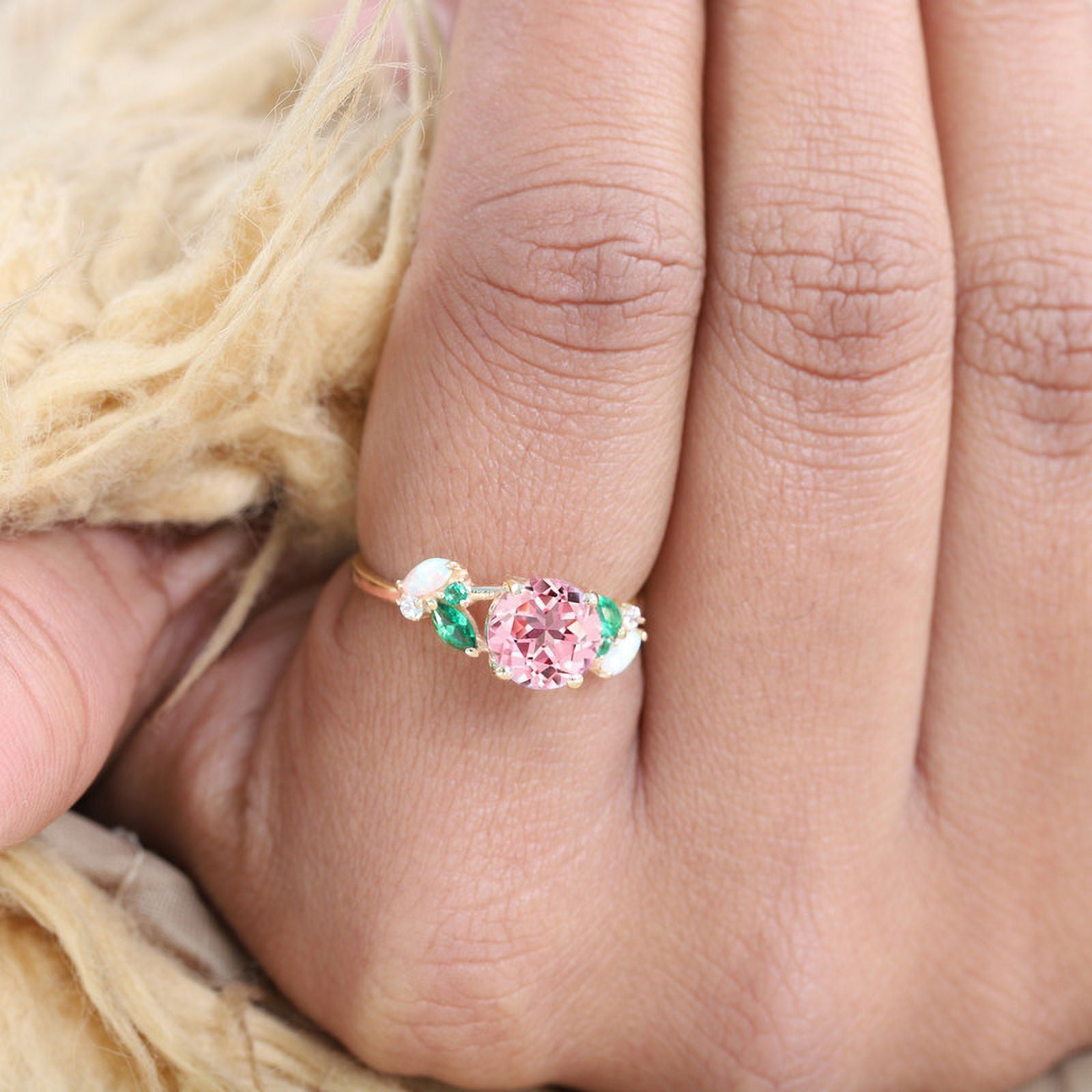 SHEKHAWATJEWELS 6 mm/ 0.75 Round Shape Pink Sapphire Engagement Ring Cluster Opal Emerald Ring For Women Yellow Gold Plated Silver Anniversary Gift For Her