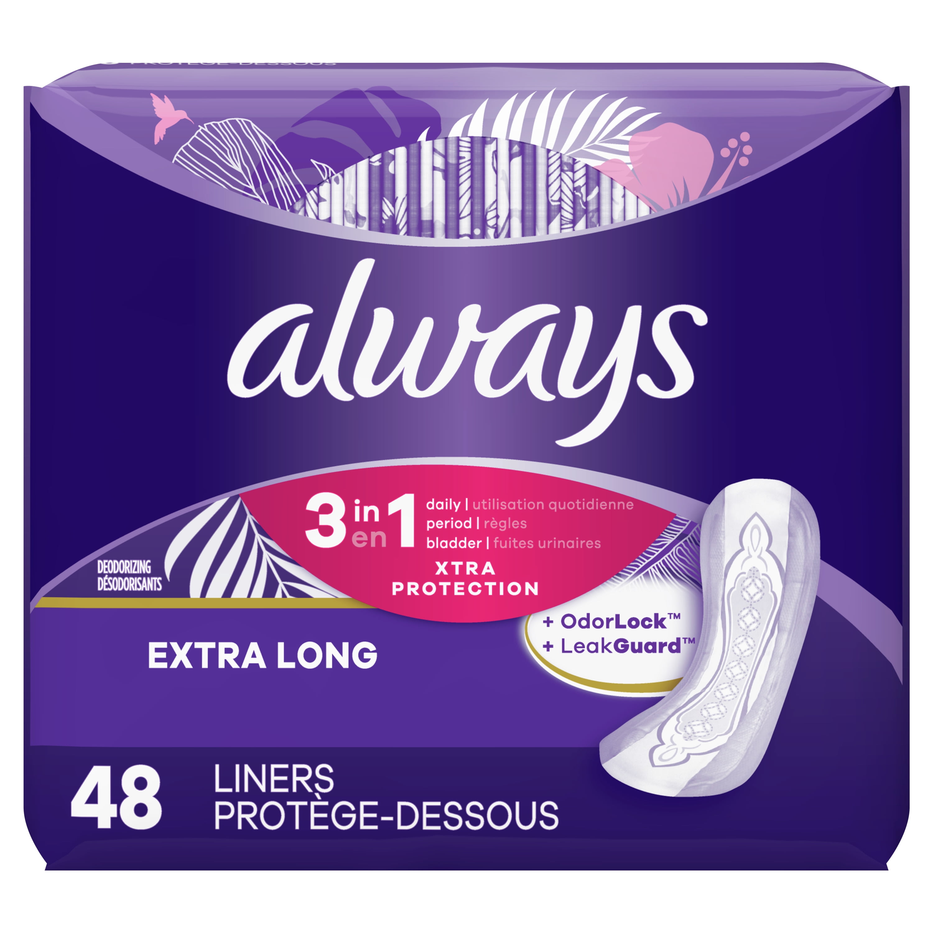 Always Xtra Protection 3in1 Daily Liners, Unscented, Ex Long, 48 ct