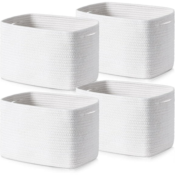 Storage Cube Bins -Storage Basket for Organizing, 12”x10”x9” Decorative Storage Cubes, Cotton Rope Organizer Shelfs, Woven Basket with Handles for Home, Laundry (4-Pack, White)