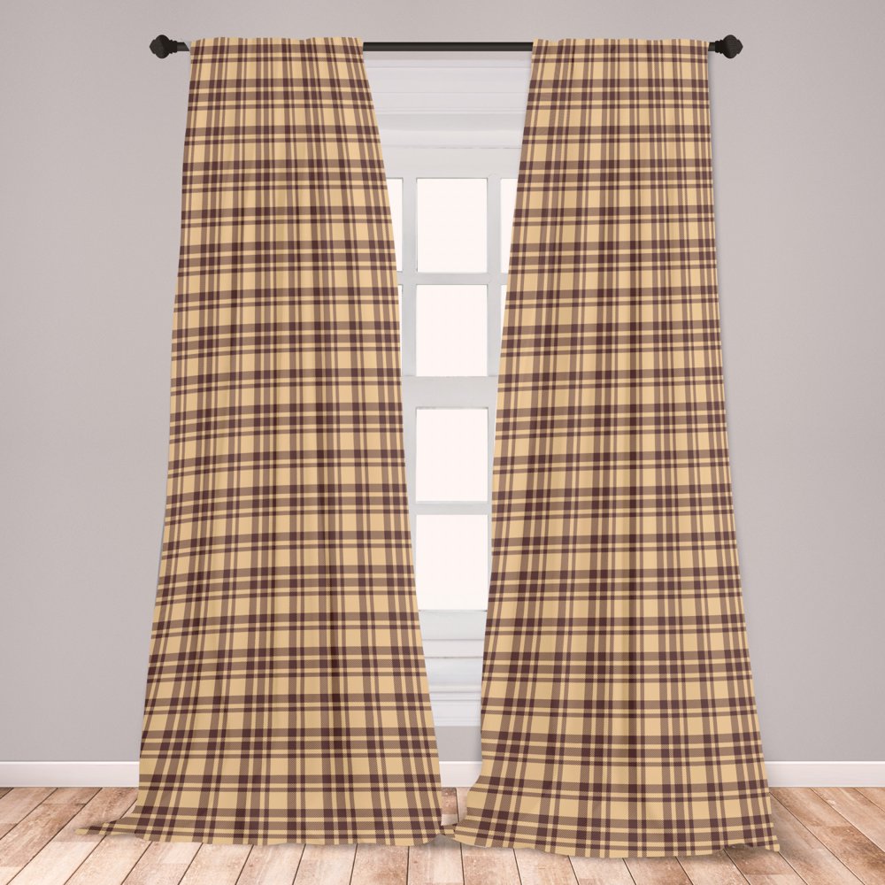 Tan and Brown Curtains 2 Panels Set, Old Fashioned Check Plaid Pattern