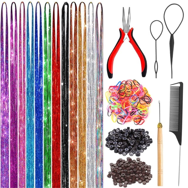 Extensiones de cabello Pelucas Cabello Láser Hilos brillantes Fibras PET de colores y juego de postizos de colores fibras fibras