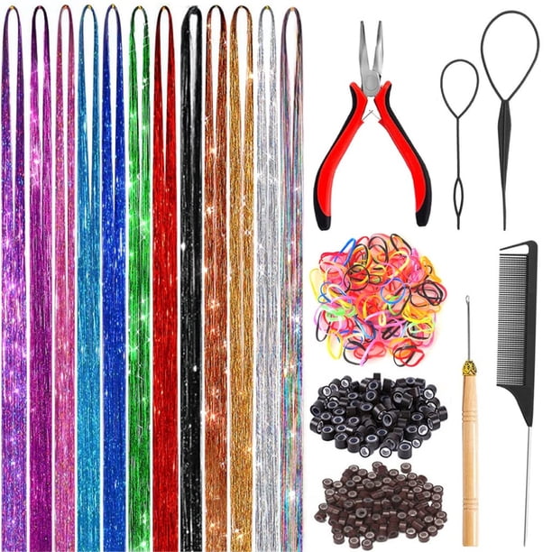 Extensiones de cabello Pelucas Cabello Láser Hilos brillantes Fibras PET de colores y juego de postizos de colores fibras fibras